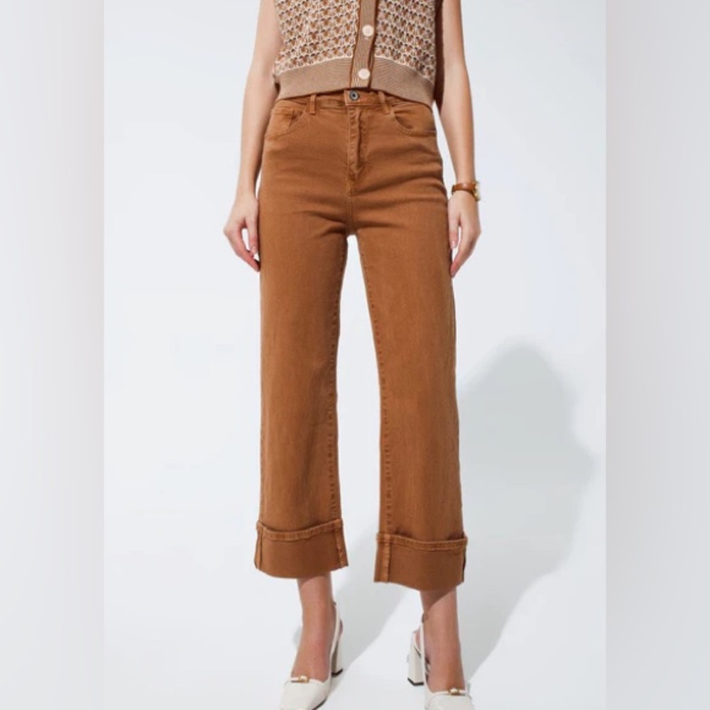 Q2 High-Waisted Wide-Leg Cuffed Pants - Size Large